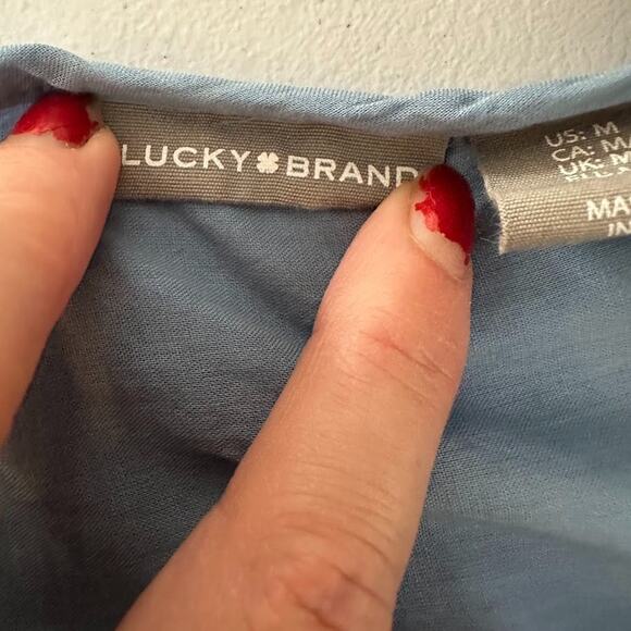 Lucky Brand Dress Sz M Blue Midi Floral Embroidered Tiered Ruffle Peasant Boho - Picture 6 of 8